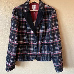 Think Tank Blazer Jacket Plaid Wool Blend Elbow Patches Holiday Christmas NWT